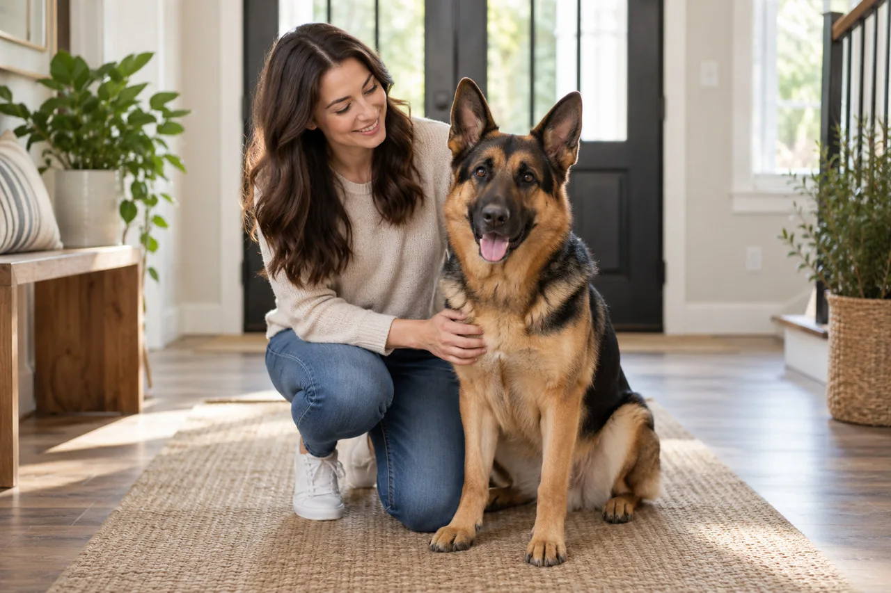 Owner sitting beside a German Shepherd in a bright home entryway